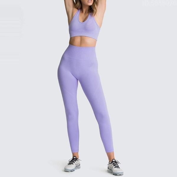 Yogaset Damleggings + BH:ar Dam Gymkläder Sportdräkter 03Purple Set L