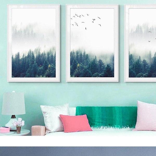 Wekity Misty Forest Väggkonst Canvas Tryck Affisch, Enkel Modefotografi Konst Dekor för Hem Vardagsrum Sovrum Kontor (Set med 3 Oramade, 5''x7'')