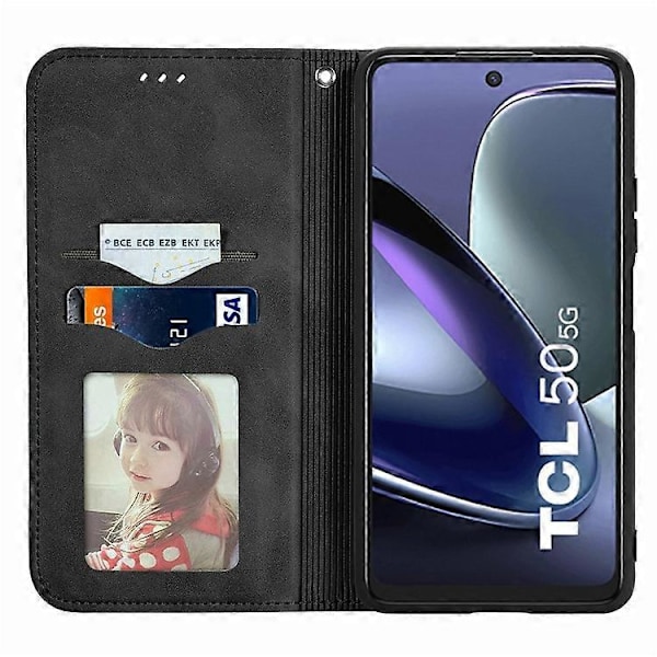 Yhteensopiva TCL 50 5G -kotelolle, ihon tuntuinen nahkainen korttipidike, puhelimen suojus magneettisella imulla Black