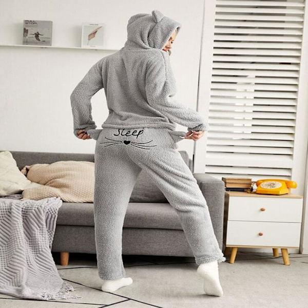 Yöpaidat Yksivärinen Lämmin Pyjamasetti Pitkähihaiset Topit+ Housut Kaksiosainen Söpö Kissan Kuva Hupullinen Nukkumapyjama Huppari Grey XL