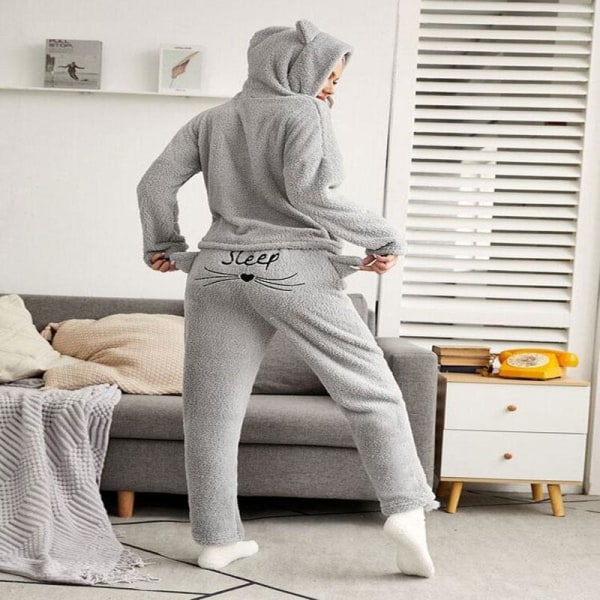 Yöpaidat Yksivärinen Lämmin Pyjamasetti Pitkähihaiset Topit+ Housut Kaksiosainen Söpö Kissan Kuva Hupullinen Nukkumapyjama Huppari Khaki XL