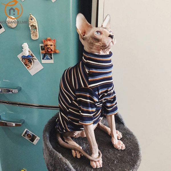 Kattkläder för Sphinx Nakenkatt Randiga Kläder Varm Stickad Tröja Husdjurskläder Katt Leverantör XS till XL Navy Blue S