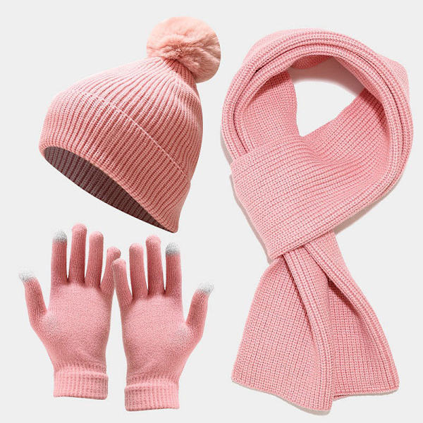 Neulottu pipo, huivi ja käsineet, kolmiosainen, paksuuntettu, lämmin turkispallopipo ulkoiluun Pink