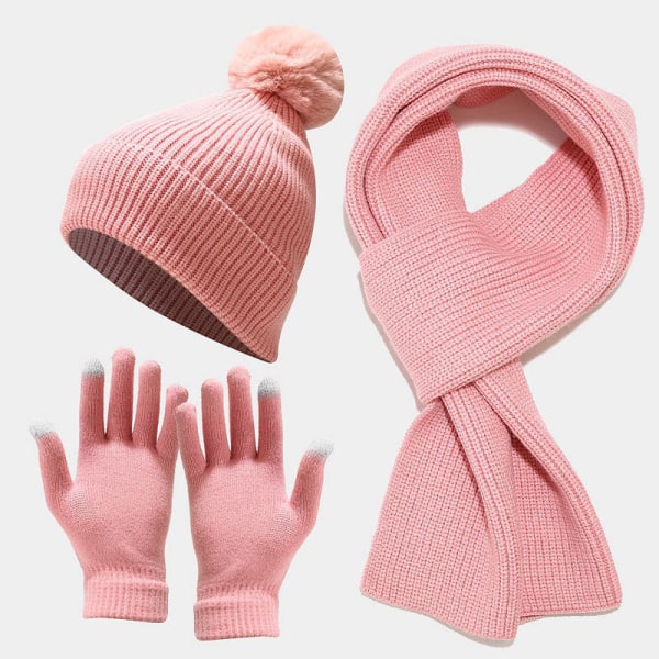 Stickad Mössa Halsduk Handskar Tredelat Utomhus Förtjockad Varm Pälsbollsmössa Pink