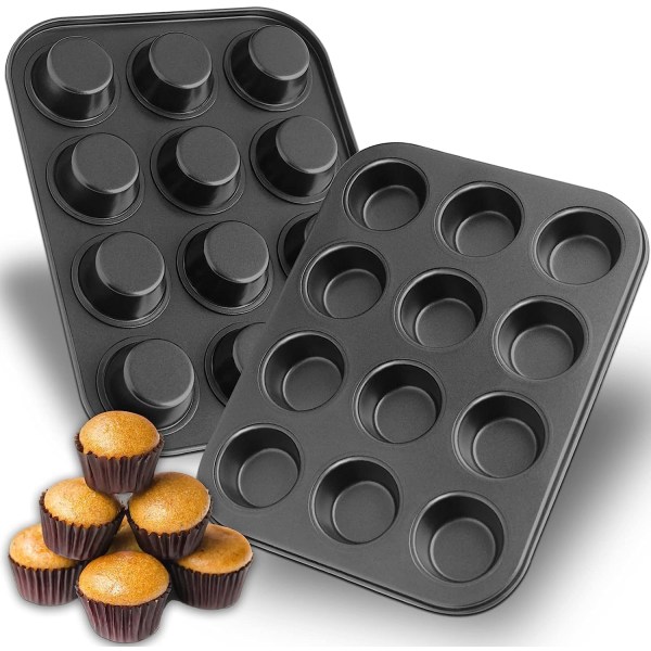 Nonstick muffinsbrett med 12 kopper ，Muffinsform - BPA-fri og oppvaskmaskinsikker cupcakepanne Muffinsbrett - Bakeform Brød（sett med 2）