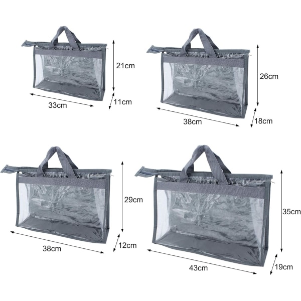 4 kpl käsilaukun pölysuoja, läpinäkyvä käsilaukun pölysuoja ripustuskaappiin vetoketjulla ja tilaa säästävä säilytyspussi