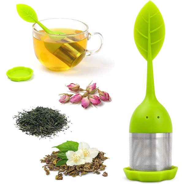 Løse Blade Te-Infusere, Silikon Te-Infuser Finmasket Løse Blade Te-Sigte Silikonlåg Tekop Filter til Løse Blade Te eller Urtete (1 Pakke, Grøn)
