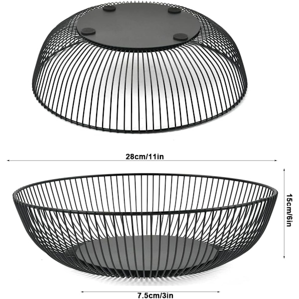 2 stk. Sort Trådfrugtkurv, Frugtskål, Metal, 28x7,5cm Skål, Ståltråd Rund, Moderne Frugtkurv til Frugt Grøntsag Snack