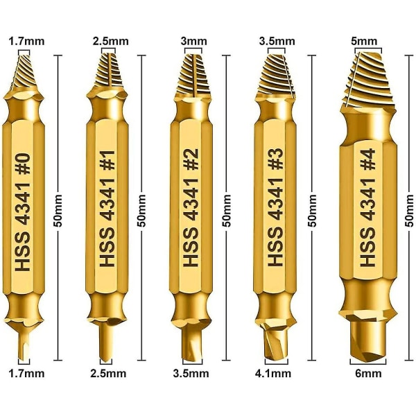 Skrutrekkersett, daoxue skrueuttrekkersett, 5 stk, laget av HSS 4341 hardhet 62-63hrc (gull) Hy