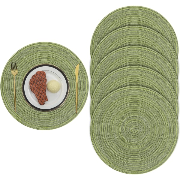 38 cm/15 tommer vevde runde 6 deler dekkebrikker Varmeisolerende sklisikker flettet bomull Middagsbordmatter Vaskbare bordunderlag (grønn)