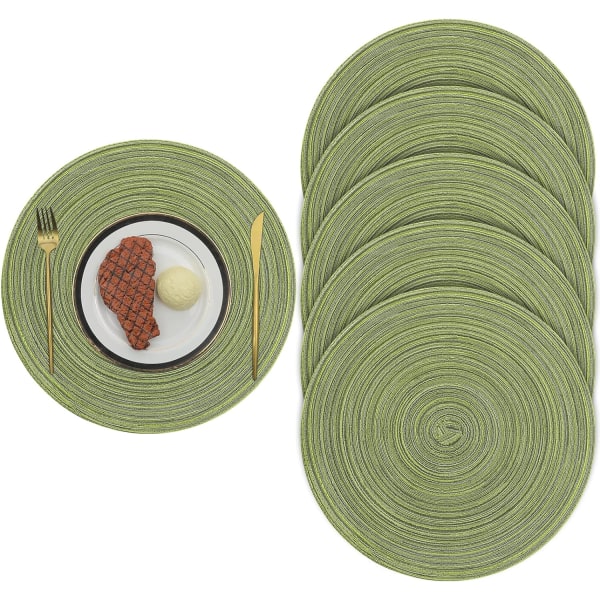 38cm/15inch Woven Round 6 Pieces Placemats Heat Insulation non slip Braided Cotton Dinner Table Mats Washable Place Mats(Green)