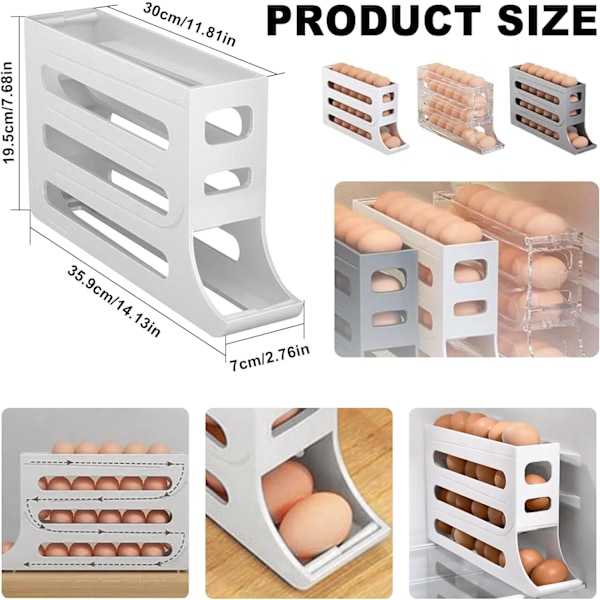 Egg Holder for Fridge, Space Saving Fridge Egg Organizer, 4 Layers Rolling Egg Dispenser Storage 30 Egg, Egg Dispenser for Refrigerator Grey A