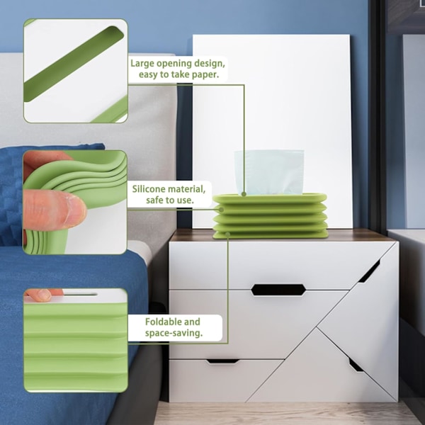 Foldbar Silikone Kleenexboks Cover - Lang Dekorativ Rektangulær Kleenexdispenser, Grøn