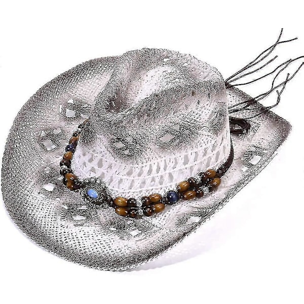 Strå Cowboyhatt Menn Bredbrem Strandhatt Med Treperler Hvit
