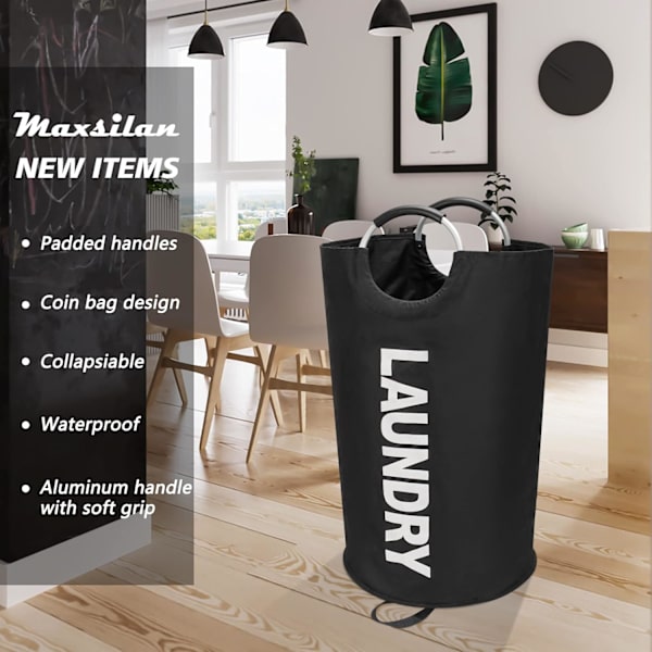 Maxsilan 115L Stor Vaskeromskurv, Fristående Høy Kleskurv, Sammenleggbar Vaskerompose, Svart