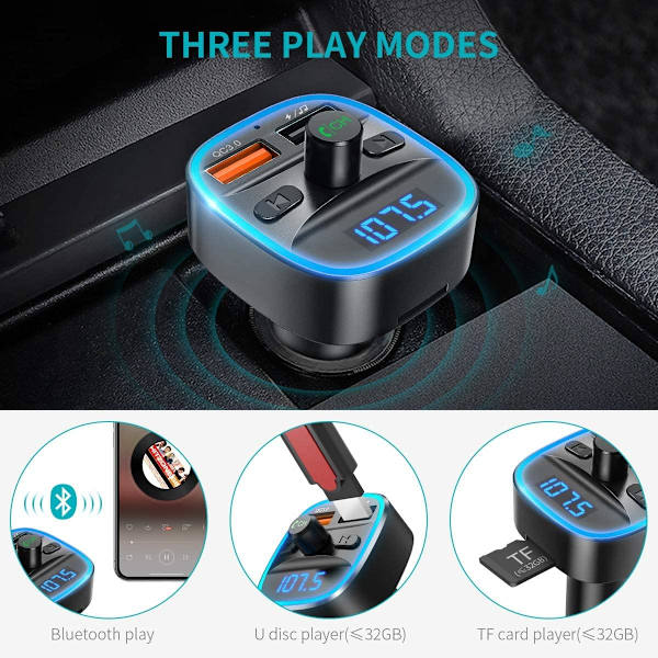 Bluetooth FM-sändare - Bluetooth V5.0 trådlös - Snabbladdning 3.0 - 7 LED RGB Colors