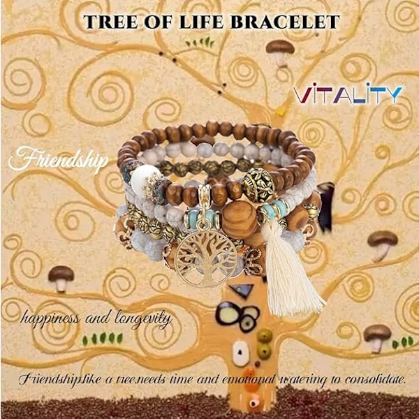 Boho Pärlarmband, Stretcharmband, Tofsarmband, Turistsouvenir Livets Träd Armband för Kvinnor (4-pack)