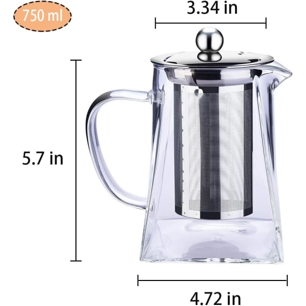 Klar Glas Tekande med Infuser Te-si  Pot Rustfrit Stål i Kvadratisk Form Tekande med Infusere til Løse Te og Kaffe (750ML-Kvadrat)