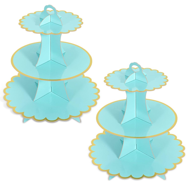 2-pak Blå Kakefat i Papp, Cupcake-Stativ, 3-lags, Pappkakerfat for Ettermiddagste, Pappkakerfat, 3-lags