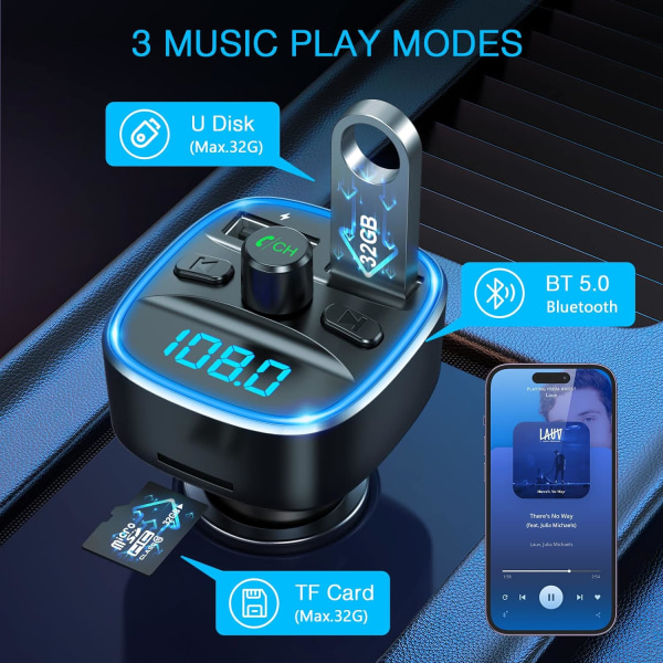 Bluetooth FM-sender for bil - Universal billader med dobbel USB-lading - Black