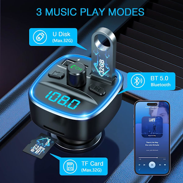 Bluetooth FM-sender til bil - Universal billader med dobbelt USB-opladning - Black