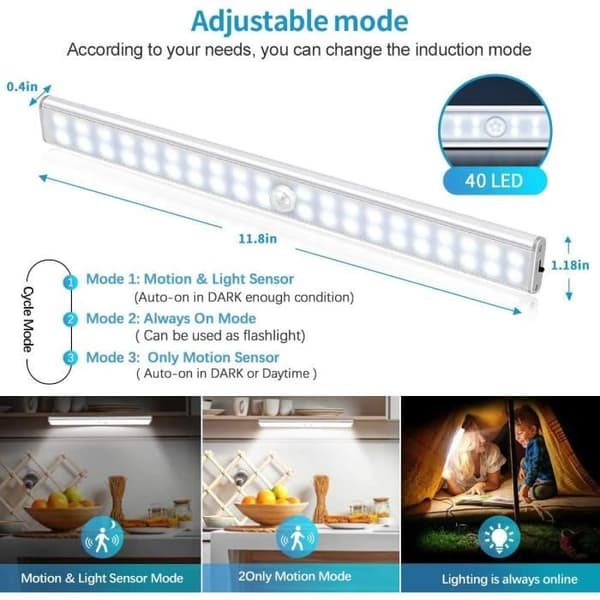 Skabslys - LED - USB genopladelig - Bevægelsessensor - Magnetisk - 4 lystilstande