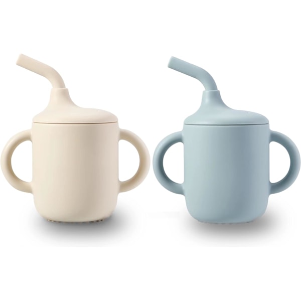 2-pack 100% Liten Träningsmugg i Silikon med Handtag & Sugrör för Bebisar och Småbarn (Vit Blå)