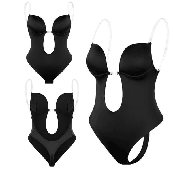Ryggløs Shapewear for kvinner med dyp V-hals Bodysuit Invisible Shaper - Black L