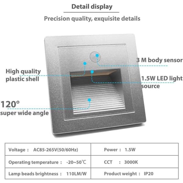 4-delade infällda LED-väggspotlights 1,5W med rörelsesensor, silver