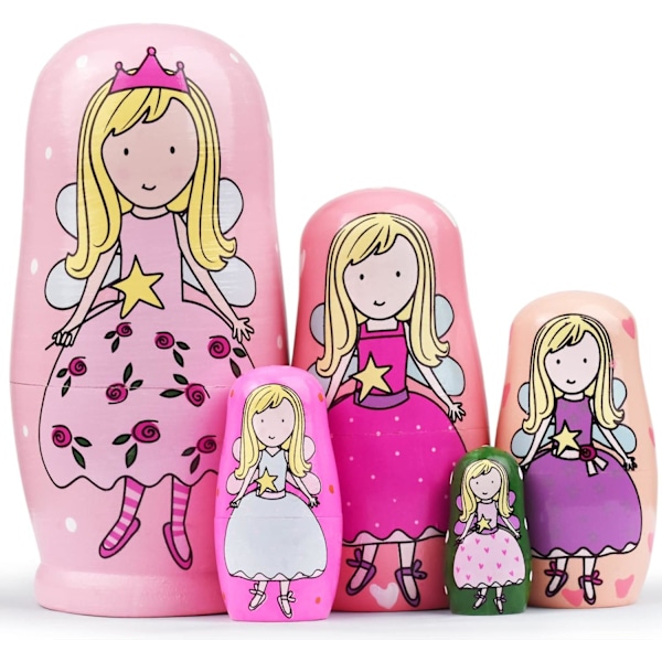 Russiske Nesting Dolls - Pink Angel Girls Træ Matryoshka Dolls til Børn Håndlavede Søde Tegneserie Nesting Doll Legetøj Stablet Dukkesæt af 5