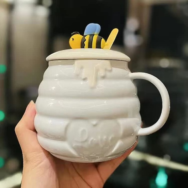 400 ml Mehiläismuki Söpö 3D Relief Keraaminen Cup Creative Keittiö Toimisto Kahvi Maito Teekuppi Cover ja Lusikka (vaaleansininen)
