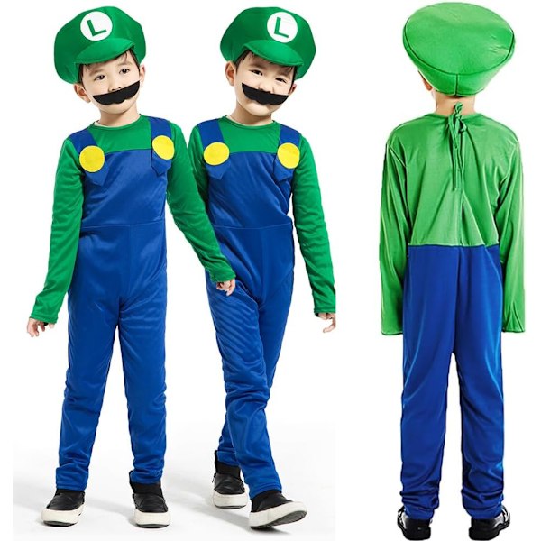 Kostyme for barn 3-12, Mario og Luigi kostyme spillantrekk Fancy Dress Up Jumpsuit Bodysuit Cosplay med hatt hansker bart (GRØNN, M)