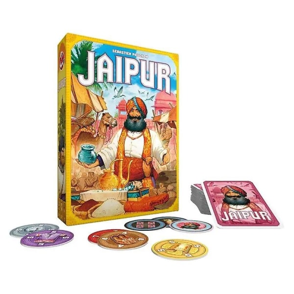 Jaipur strategispel Jaipur handelsspel för två spelare Affärsman som spelar spelkort Familjevänligt partyspel för barn