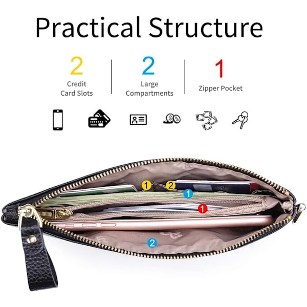 Håndleddsveske for kvinner, RFID-blokkerende Clutch-vesker for kvinner, ekte lærhåndvesker for kvinner med håndleddsstropp og glidelåslomme for mynter Black