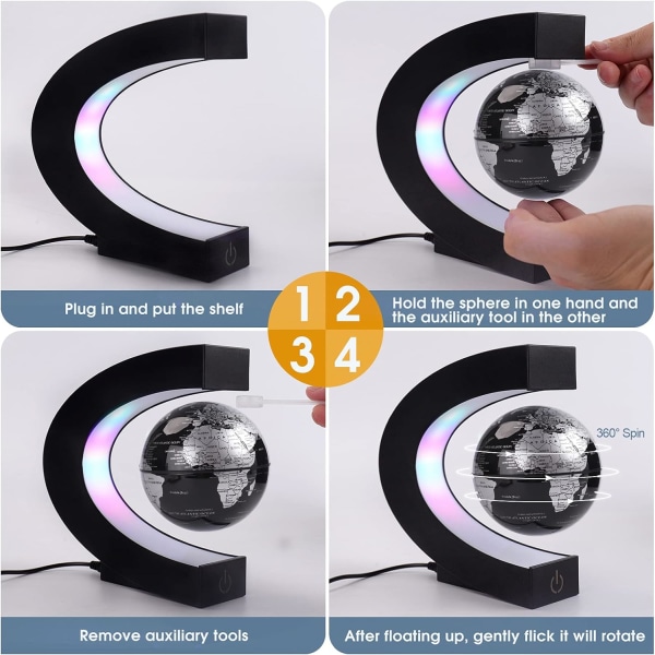 Flydende globus med farvede LED-lys C-form Anti-tyngdekraft magnetisk levitation Roterende verdenskort til gave hjemmekontor skrivebordsdekoration
