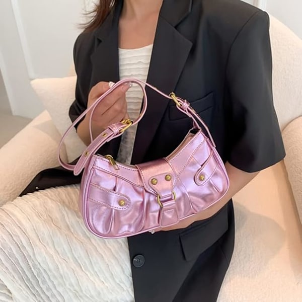 Dam axelväska Punk Style Nitar Satchel Handväskor PU Läder Halvmåne Väska Y2k Handväska Halvmåne Underarm Väska Motorcykel Axelväskor-rosa