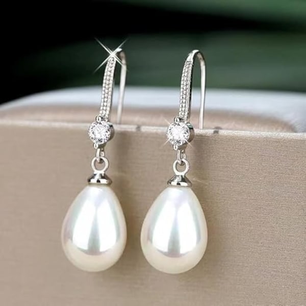 925 Sterling Sølv Vanndråpe Hvite Perle Øredobber for Kvinner med Cubic Zirconia Krystall Diamanter, Fine Perlesmykker Gaver til Kvinner