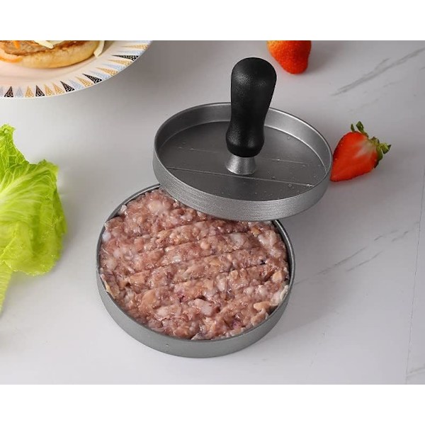 Burgerpresse i støbt aluminium til lækre burgere, bøffer, grillmad, med non-stick belægning, diameter 11,8 cm