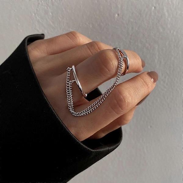 Coolt dobbelt ringsæt med kædedetalje, trendy fingerringe til hiphopelskere Gold
