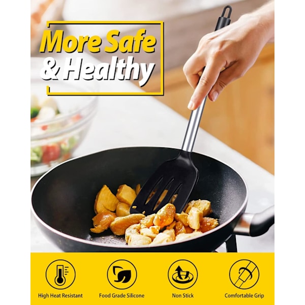 Silikonspatelset om 2, Värmebeständig Non-Stick Spatel, Köksredskap för Servering, Stekning, Matlagning av Ägg, Fisk, Grönsaker, Biff (Svart)