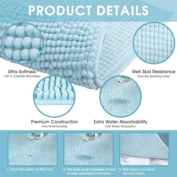 Skridsikker bademåtte i chenille-mikrofiber til badeværelset, blød, maskinvaskbar, absorberende til brusebad og toilet 40 x 60 cm (lyseblå)