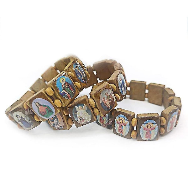 4 stk Trærosenkranse Jesus Armbånd Elastisk Stræk Bangle Med Billeder Af Religiøse Helgener Katolsk Hellige Guder Gudinde Bøn Manifestation Armbånd