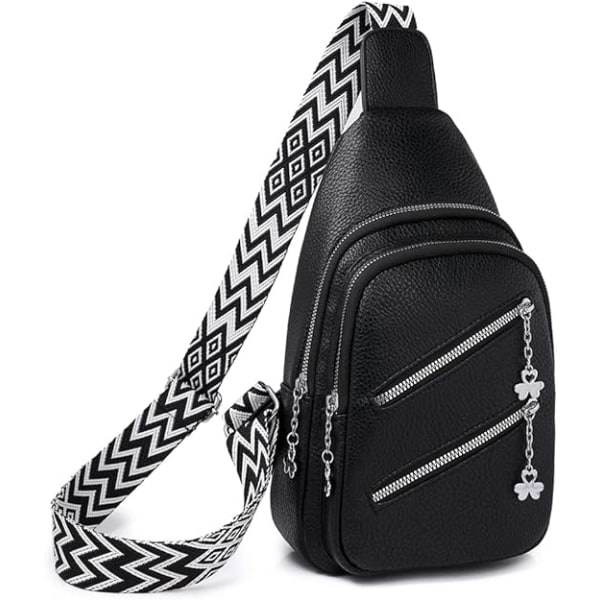 Kvinder Sling Bag Crossbody Fanny Packs PU Læder Crossbody Tasker Bryst Taske Flere Lommer Bælte Taske Håndtaske med Justerbar Rem 30cm (Sort)