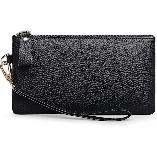 Håndleddsveske for kvinner, RFID-blokkerende Clutch-vesker for kvinner, ekte lærhåndvesker for kvinner med håndleddsstropp og glidelåslomme for mynter Black