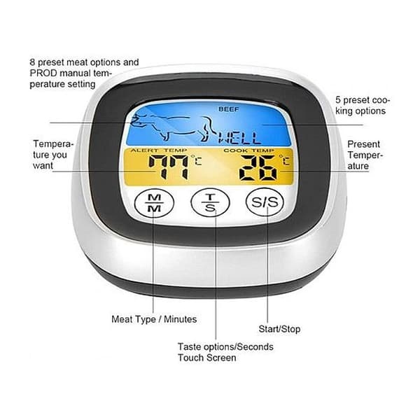 Trådløst kødtermometer, digitalt elektrisk kødtermometer med touchskærm, timer og alarmfunktion