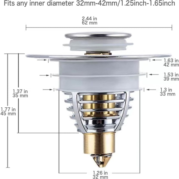 Universal Badeværelsesvask Propper, Pop Up Vask Hul Propper Dæksel med Si til 32-42mm Aftapningshuller, Rustfrit Stål Push Style Propper til Vask