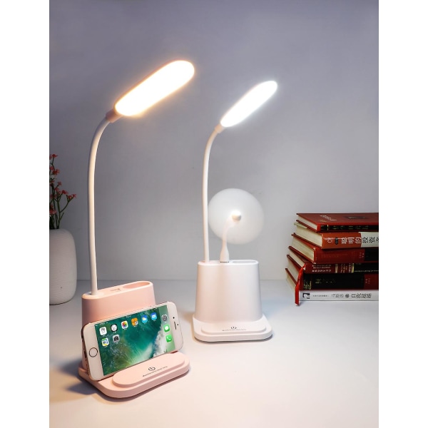 Kryc-Wireless skrivebordslampe, genopladelig LED-børnebordslampe med USB-opladningsport og penholder, 2 farvetilstande og dæmpning