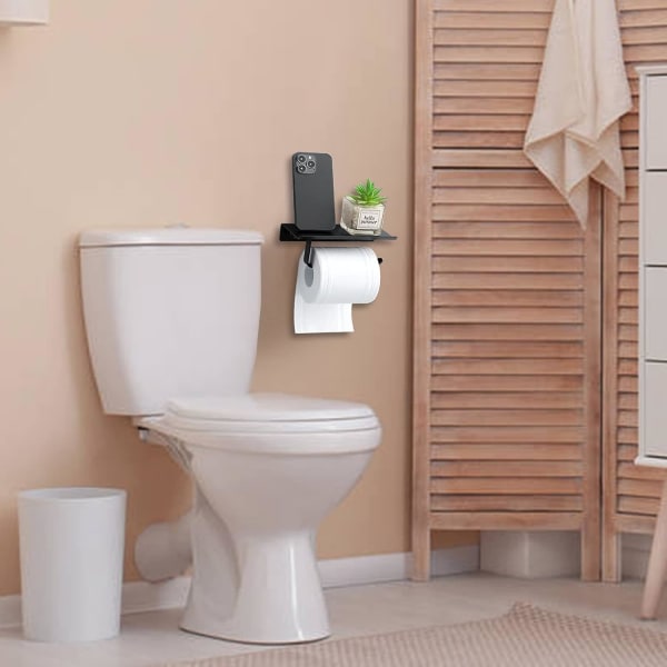 2 i 1 toalettrullehållare Väggmonterad, svart toalettpappershållare självhäftande metall aluminium köksrullehållare med hylla