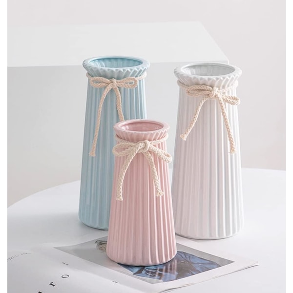 Hvid Keramisk Riflet Vase til Minimalistisk Moderne Hjemmeindretning, Dekorativ Blomster Vase til Bryllup Middagsbord Kontor Soveværelse - 7,5 Tommer / 20 CM-Pink