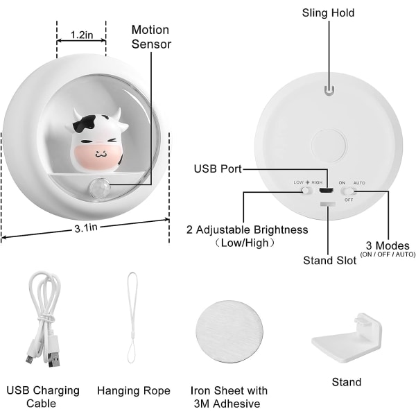 Nattlys, genopladelig bevægelsessensorlys med justerbar lysstyrke og 3 monteringsmuligheder, ideelt til børns nattelys